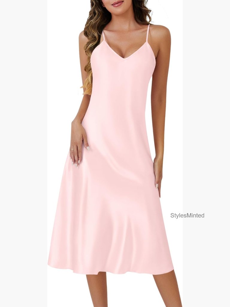 Silk Satin Nightgown Long Chemise V-Neck Adjustable Spaghetti Strap Sleepwear